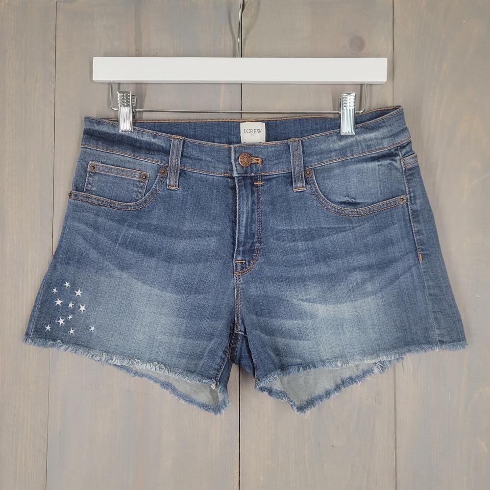 J.Crew Denim Shorts Women 26 Blue Embroidered Star Raw Hem Mid Rise